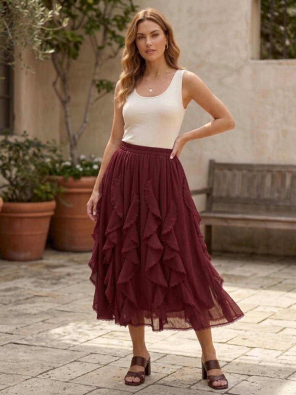 NWT Altar'd State Illiana Tiered Ruffle Burgundy Midi Skirt Small Boho Prairie